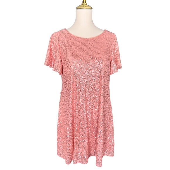 LC Lauren Conrad Dresses & Skirts - LC Lauren Conrad Pink Peach Sequin Flutter Sleeve Shift Dress Size‎ Medium